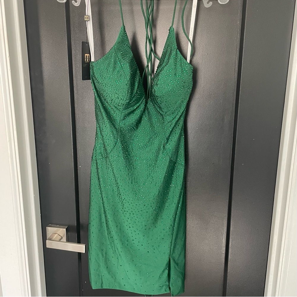NWT LUCCI LU 4156 GREEN Sparkle‎ Backless Dress Sz 2 $248